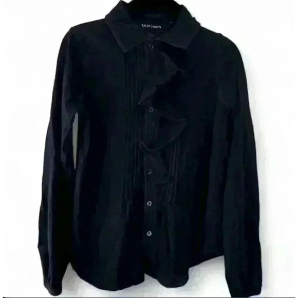 Ralph Lauren Girls' Navy Blue Ruffle Button Down Top - Size Small (7) - Picture 1 of 6